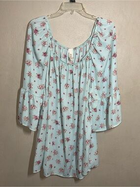 NWOT Women’s Crepas Mint Floral Square Neck Bell Sleeve Tunic Top Sz 3X